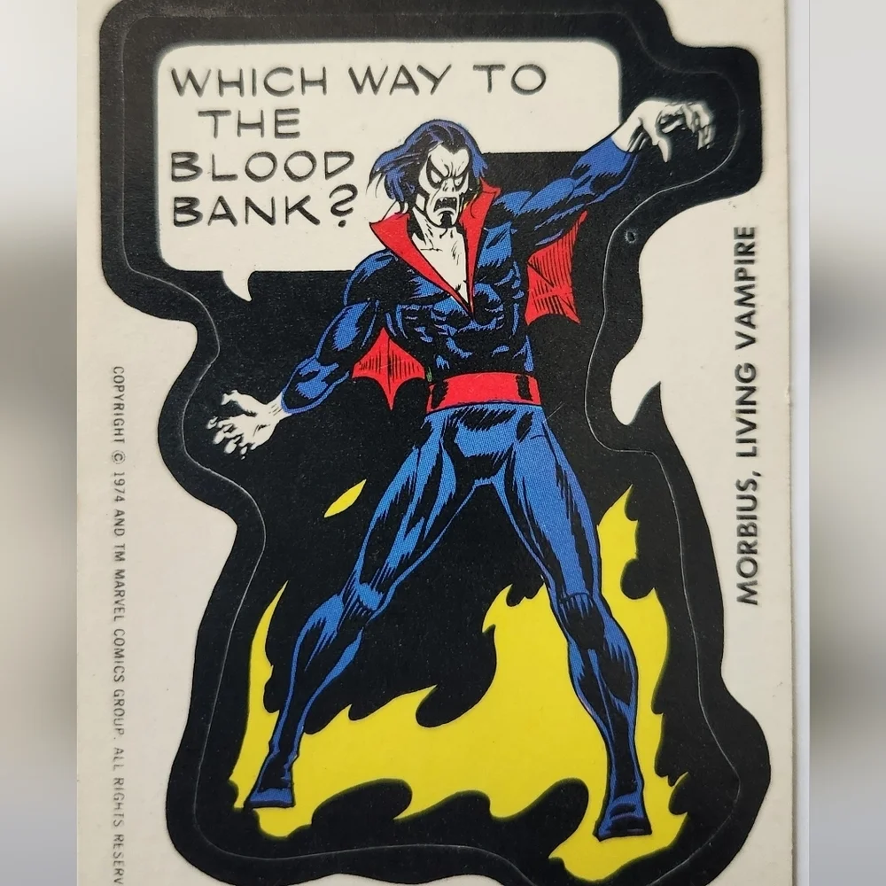 🧛‍♂️VINTAGE 1975 Topps Marvel Comic Book Heroes MORBIUS Sticker - Rare Tan Back